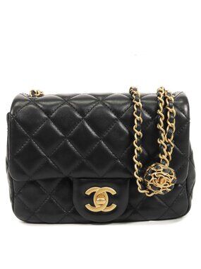 Chanel Chain Black Gold Lambskin Quilted Mini Single Flap Coco Ball Shoulder Bag
